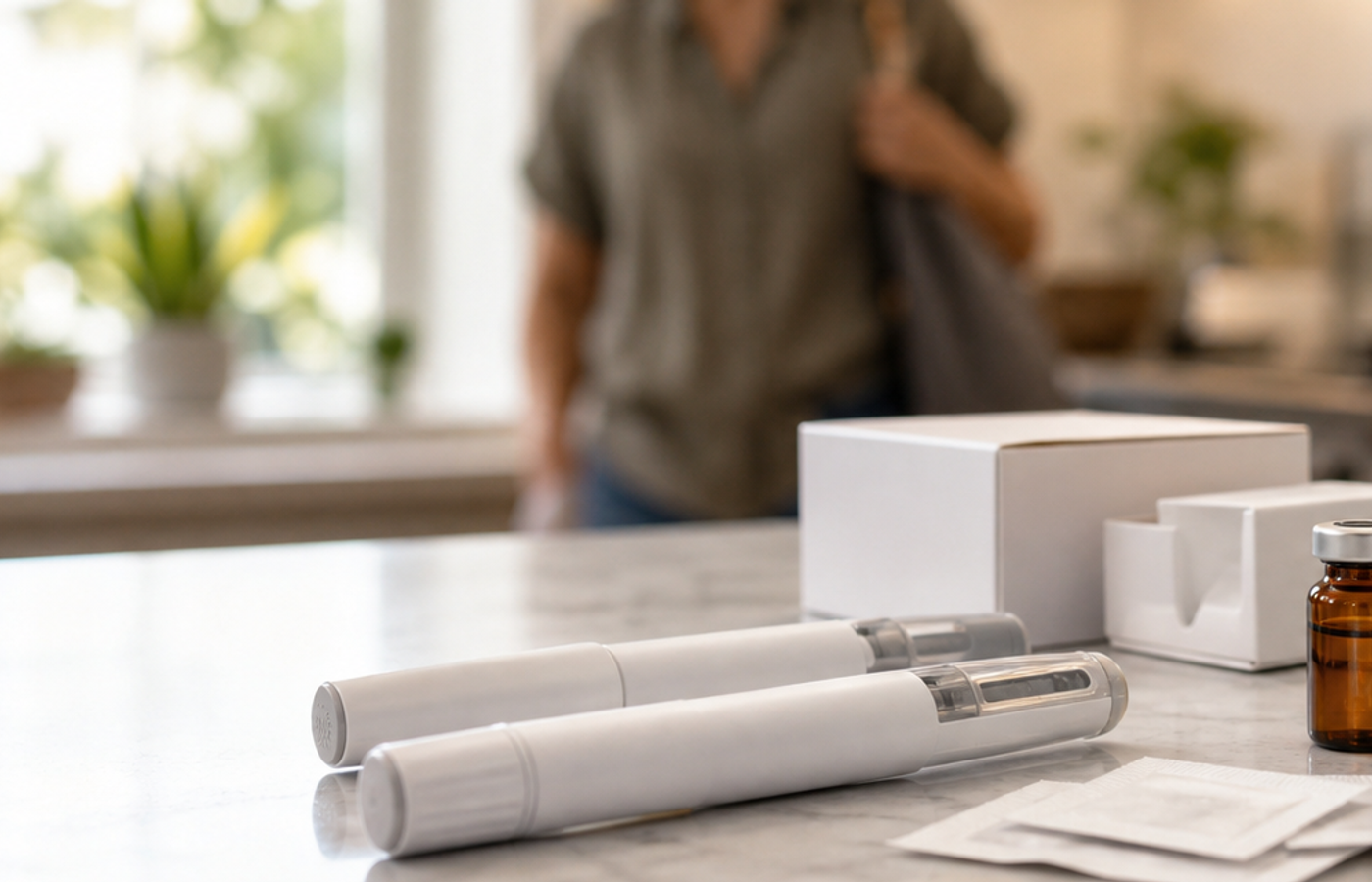 Unbranded medication support objects arranged on a kitchen counter in a calm home setting.