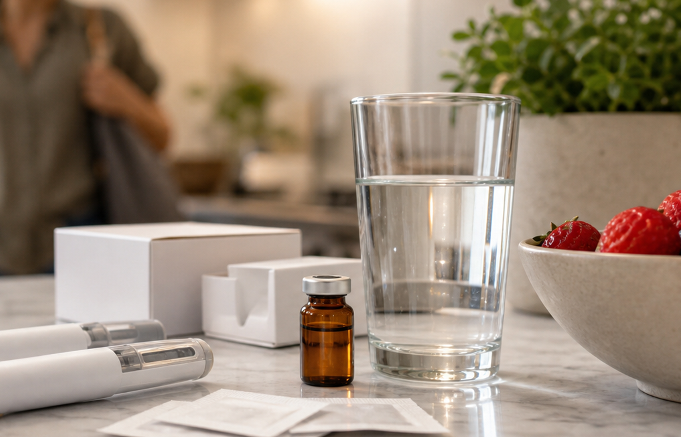 Unbranded medication support objects beside a glass of water and fruit in a bright home kitchen.