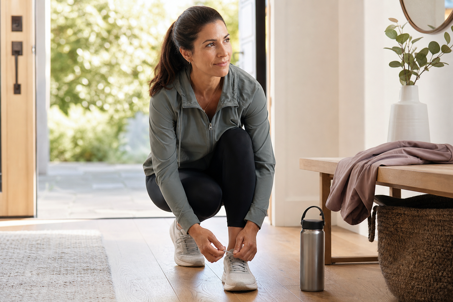 Adult tying walking shoes near a bright entryway before an active morning routine.