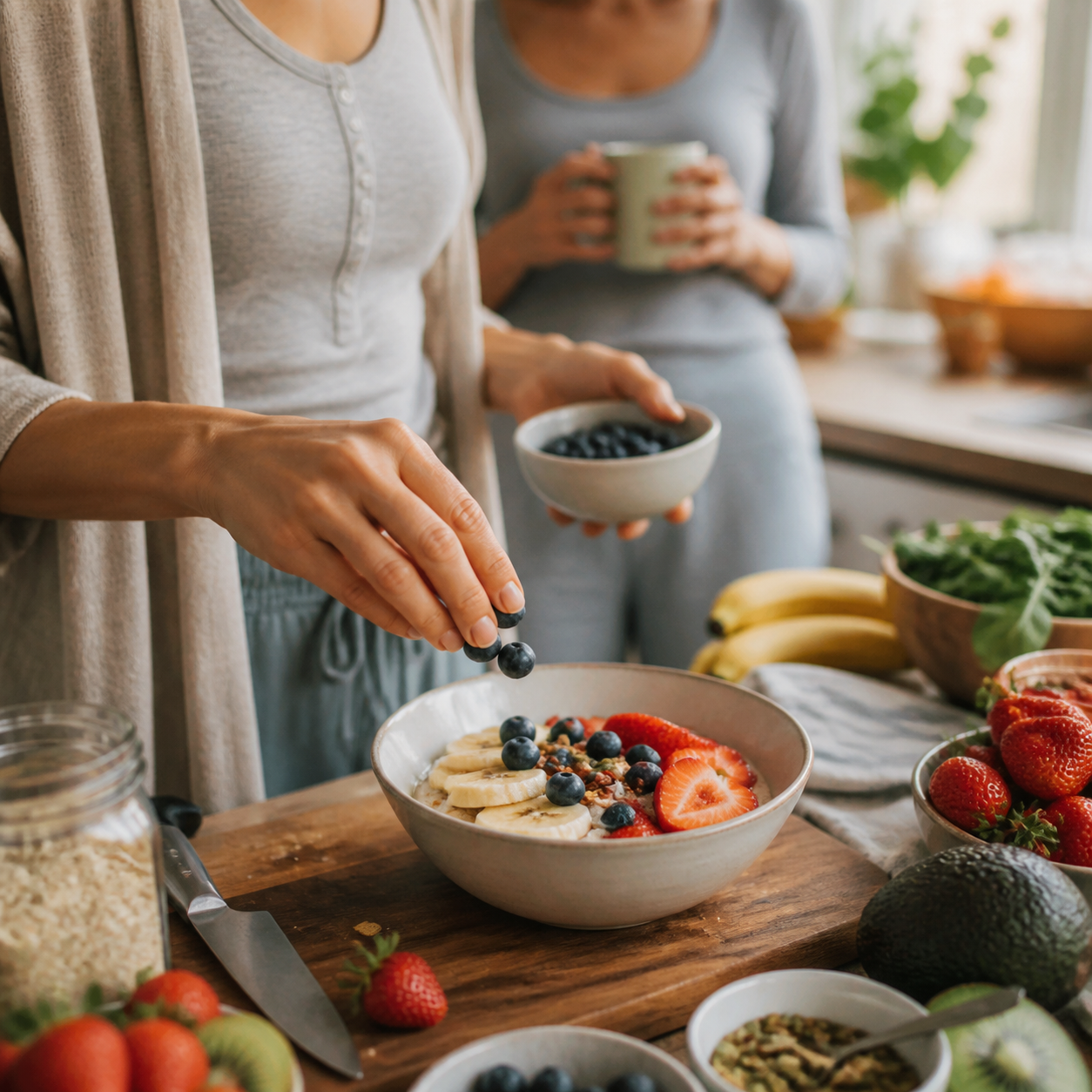 Hands preparing a fresh breakfast bowl in a warm morning kitchen.