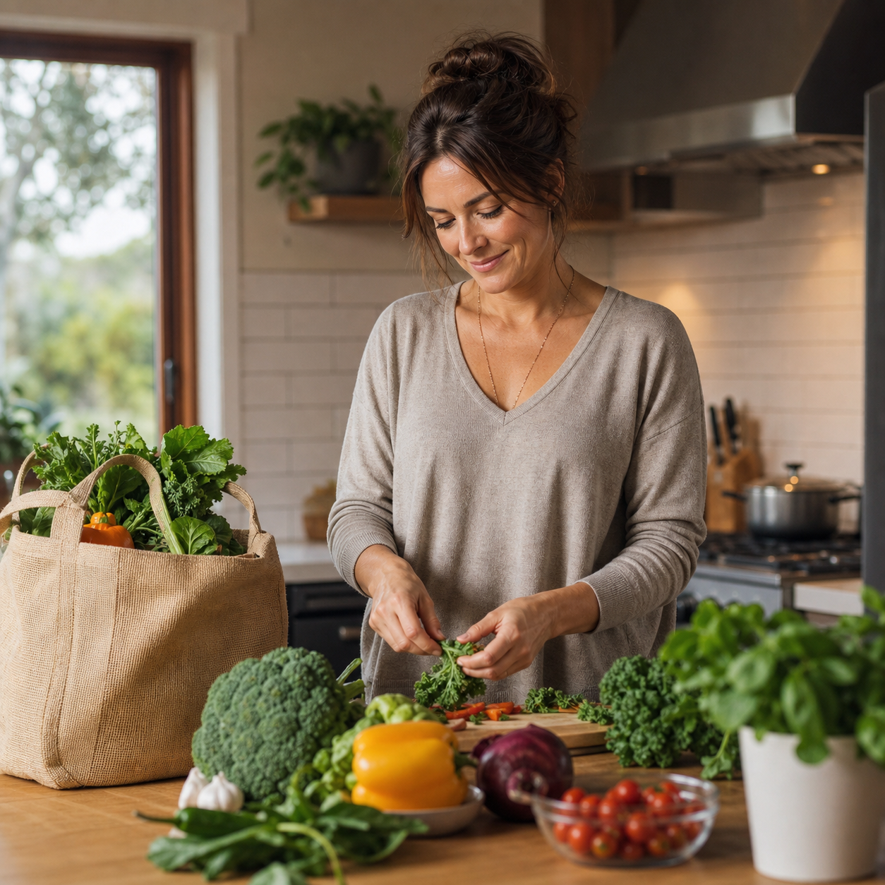 Adult preparing vegetables in a home kitchen after unpacking groceries.