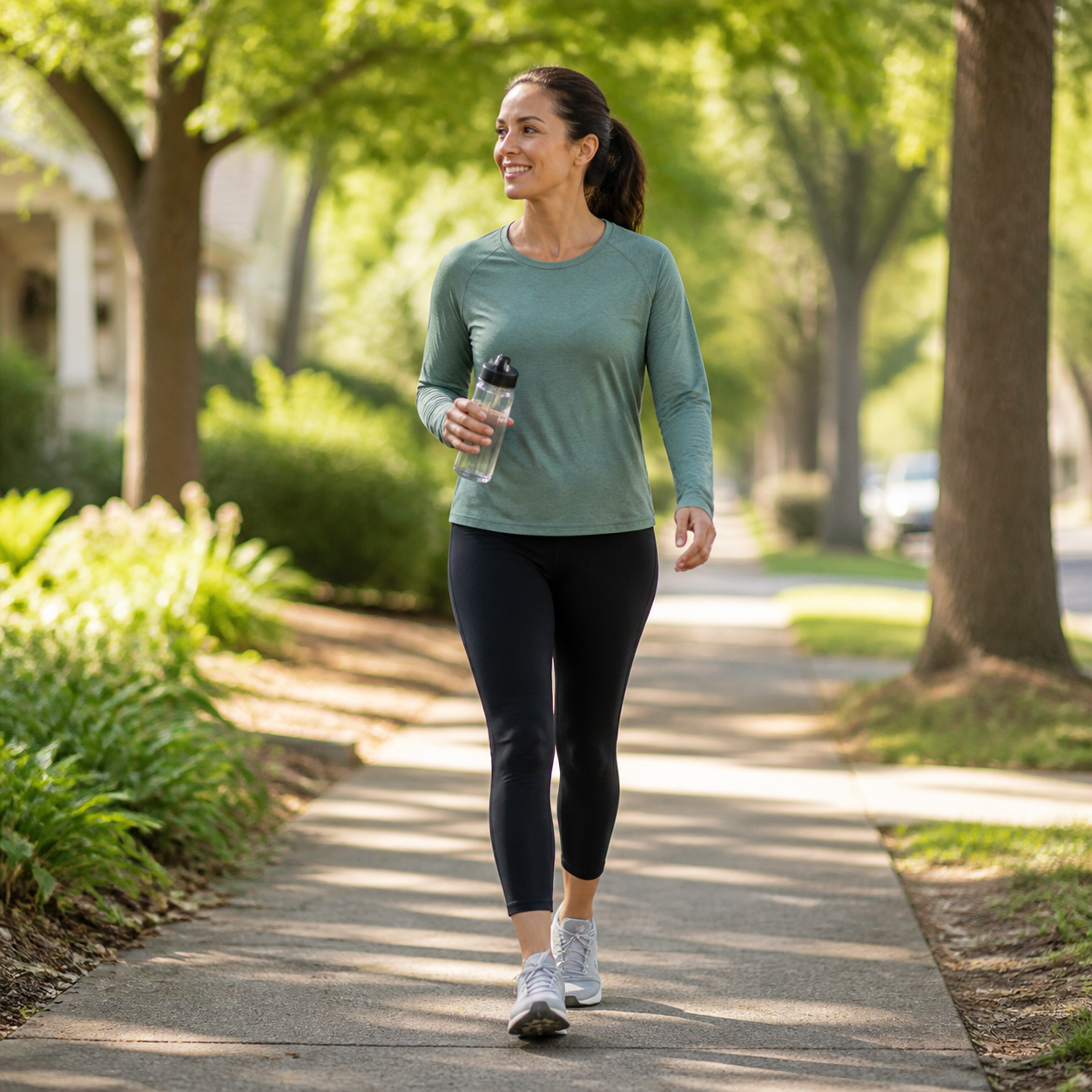 Adult taking a morning walk on a tree-lined path with a water bottle.