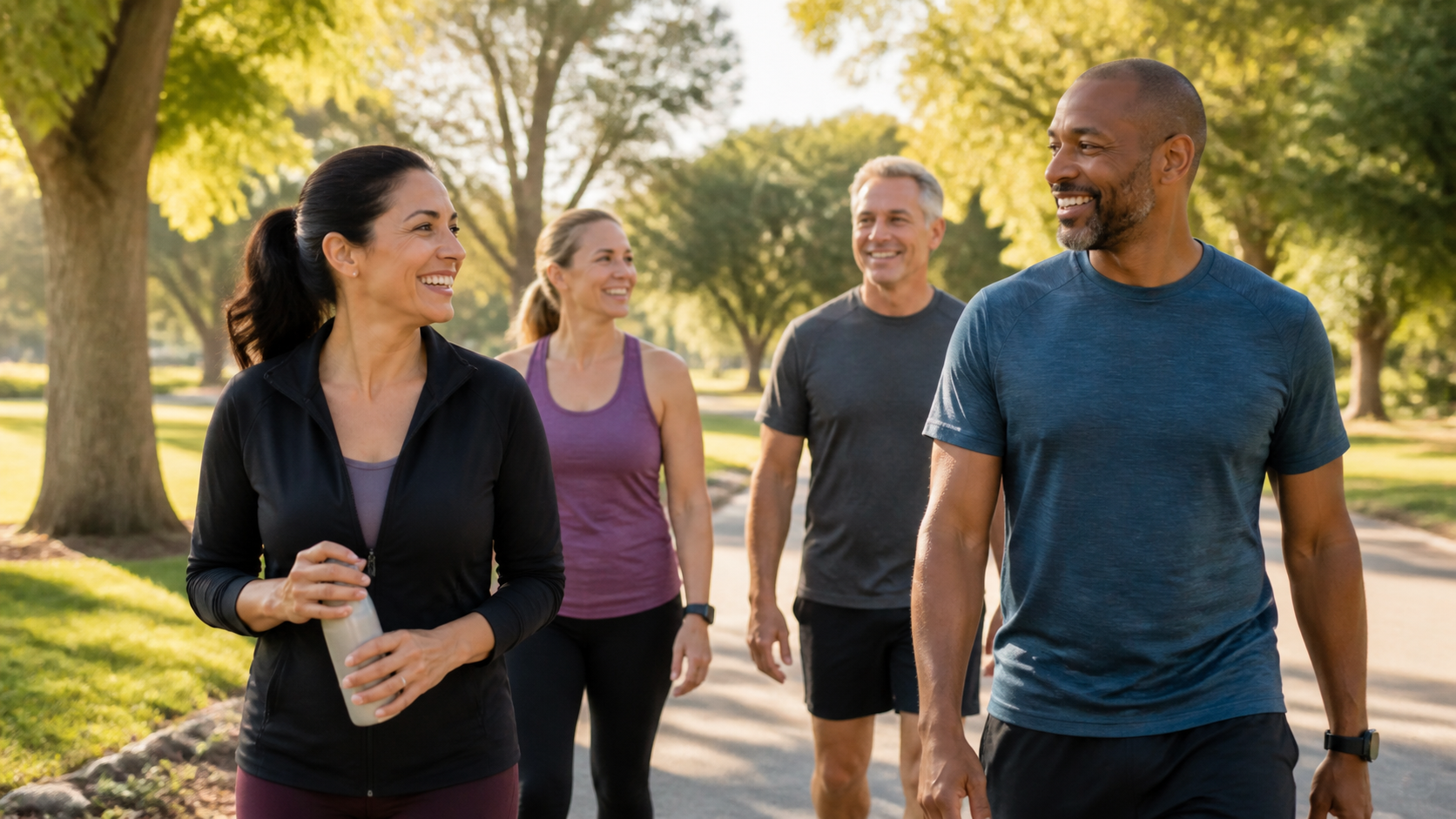 Adults walking together outdoors in warm light during a relaxed routine.