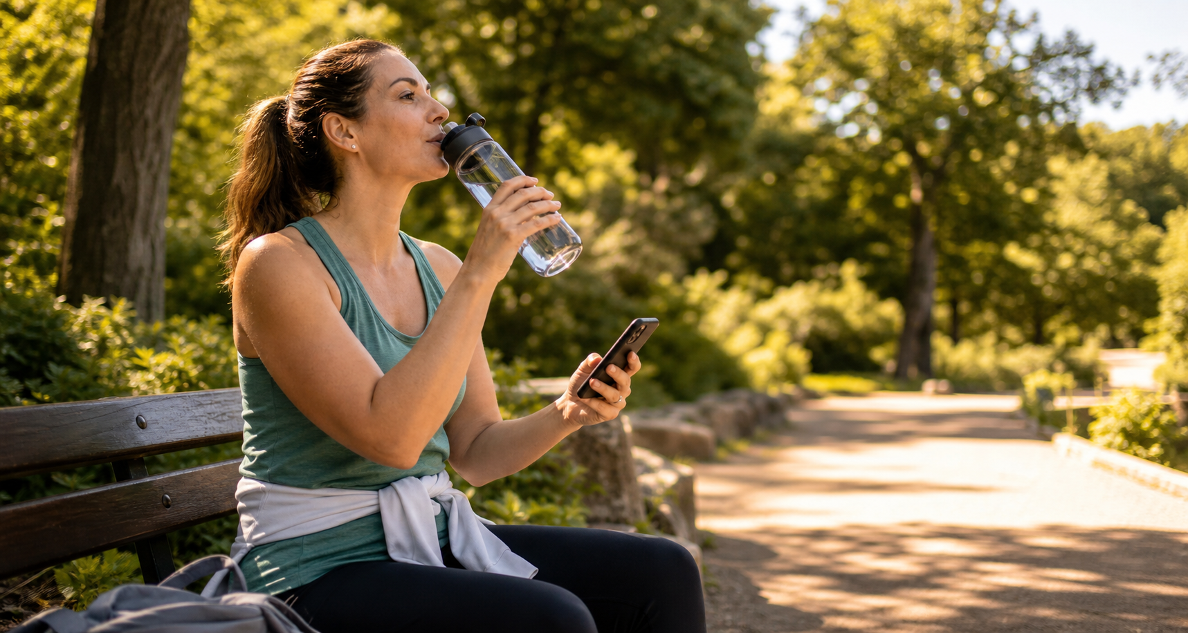 Adult pausing after a walk with a water bottle and phone on a sunny path.