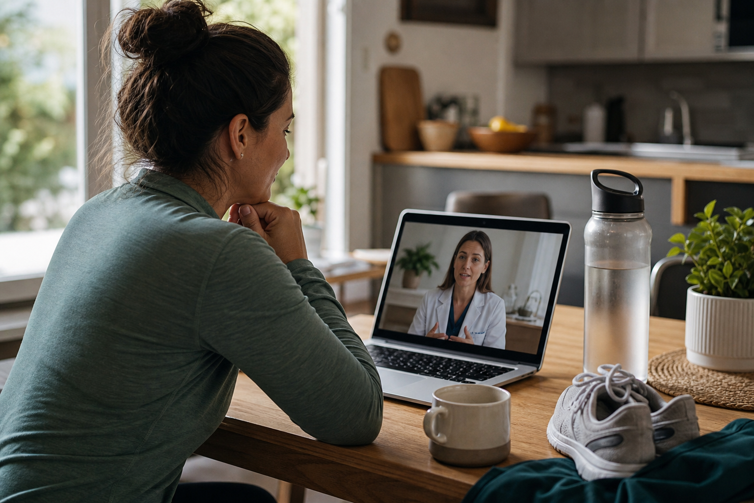 Adult at home speaking with a clinician by video call after an active routine.
