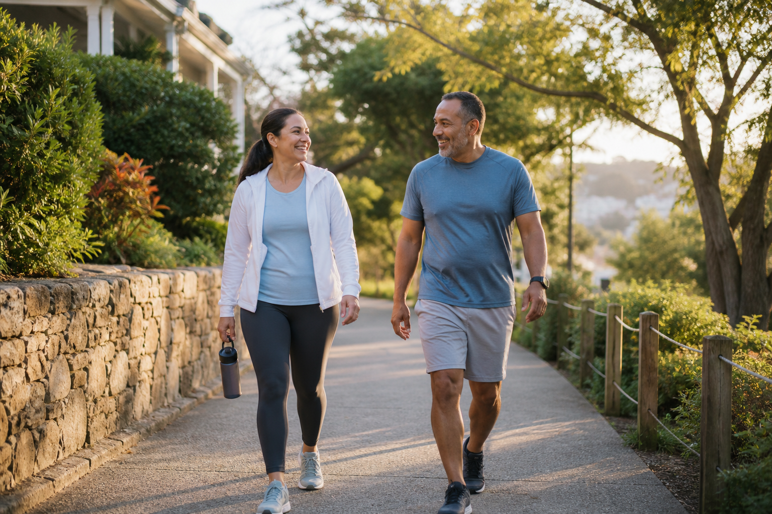 Two adults walking together on an outdoor path in soft morning light.
